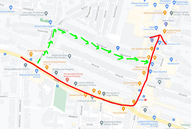 Presumed route of rat runners on Chelverton Road