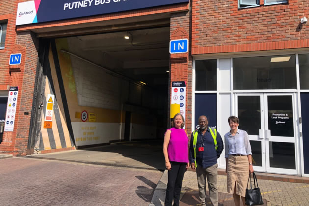 Outside Putney Bus Garage with Councillor Jenny Yates, Cabinet Member for Transport, and local bus driver Getaneh Tesfaye