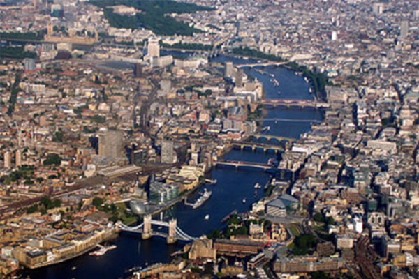 Aerial view of London Bridges upstream from Tower Bridge to Westminster