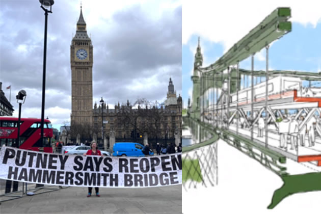 Fleur Anderson on 21 March, with a 'Reopen Hammersmith Bridge' banner and a drawing of the proposed bridge from the architect 