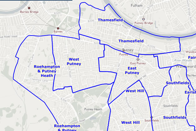Previous ward boundaries in Putney and Roehampton 