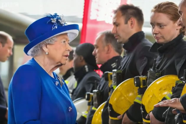 The Queen talking to firefighters 